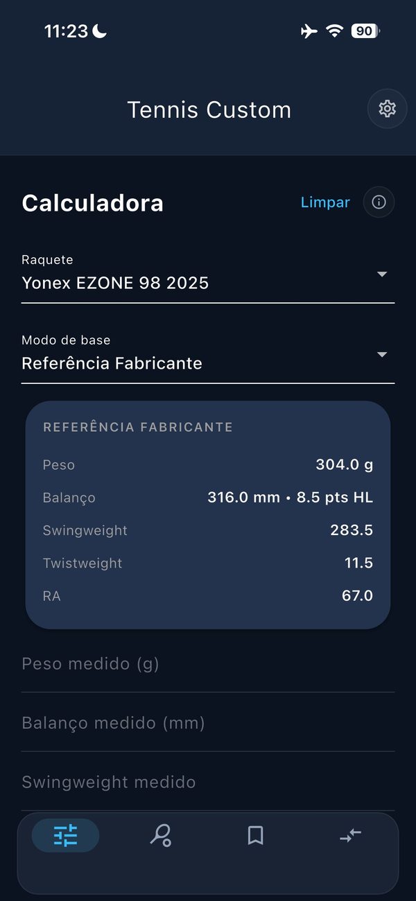 Tela da calculadora do Tennis Custom